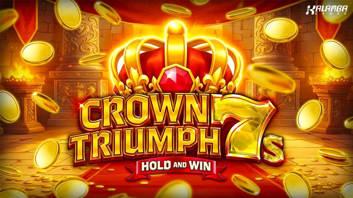 Visual luxuoso e retrô do slot Crown Triumph 7s Hold and Win com símbolos de frutas e coroas.