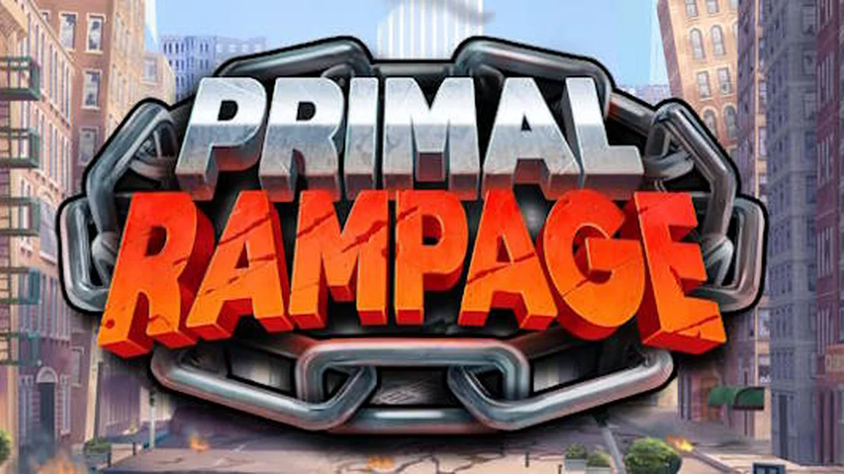 Cenário da selva vibrante e misteriosa de Primal Rampage com o guardião Korrak ao fundo.